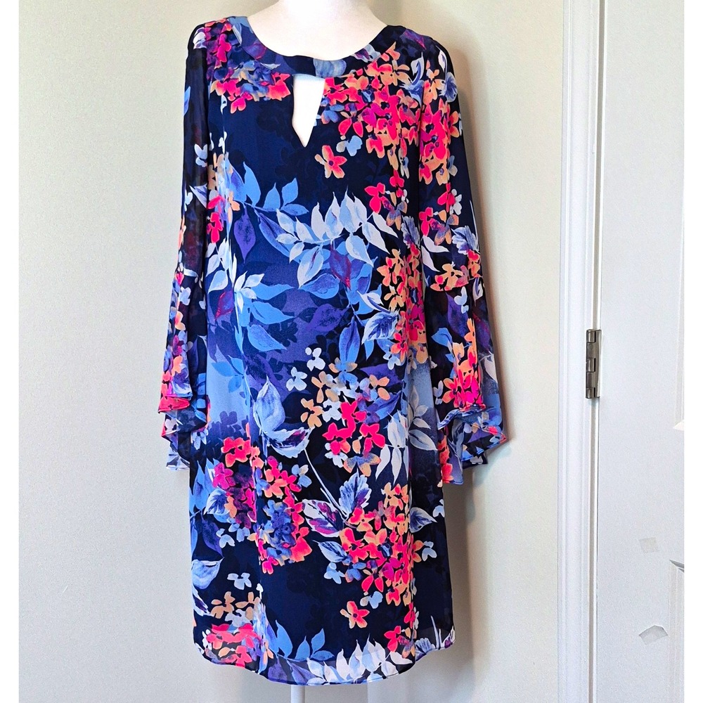 Roz & Ali Women's Navy Floral Chiffon Shift Dress Long Sleeve Keyhole Lined 6